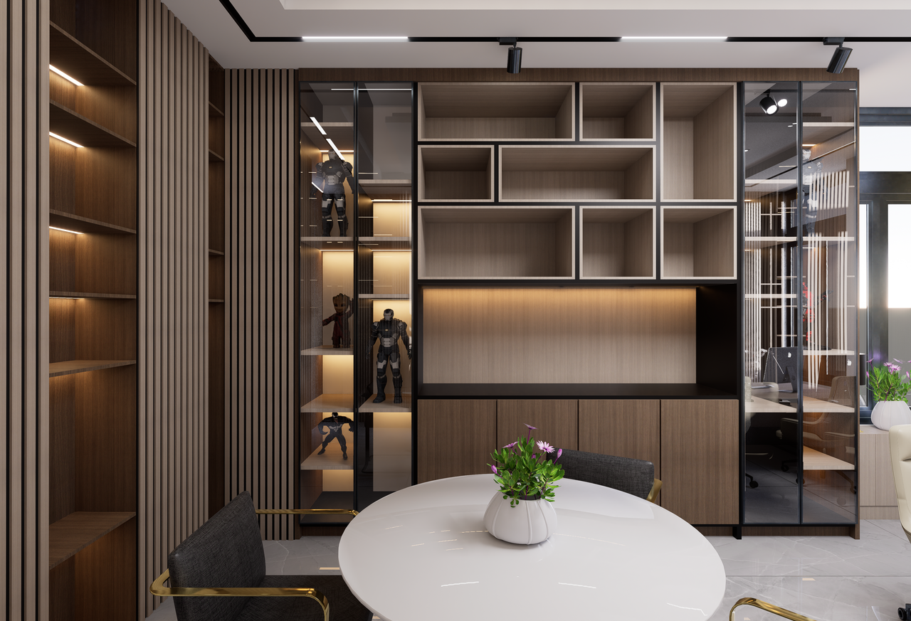 about-us-02 Sleek modern office room featuring built-in shelves, table, and chairs, designed with neutral tones.